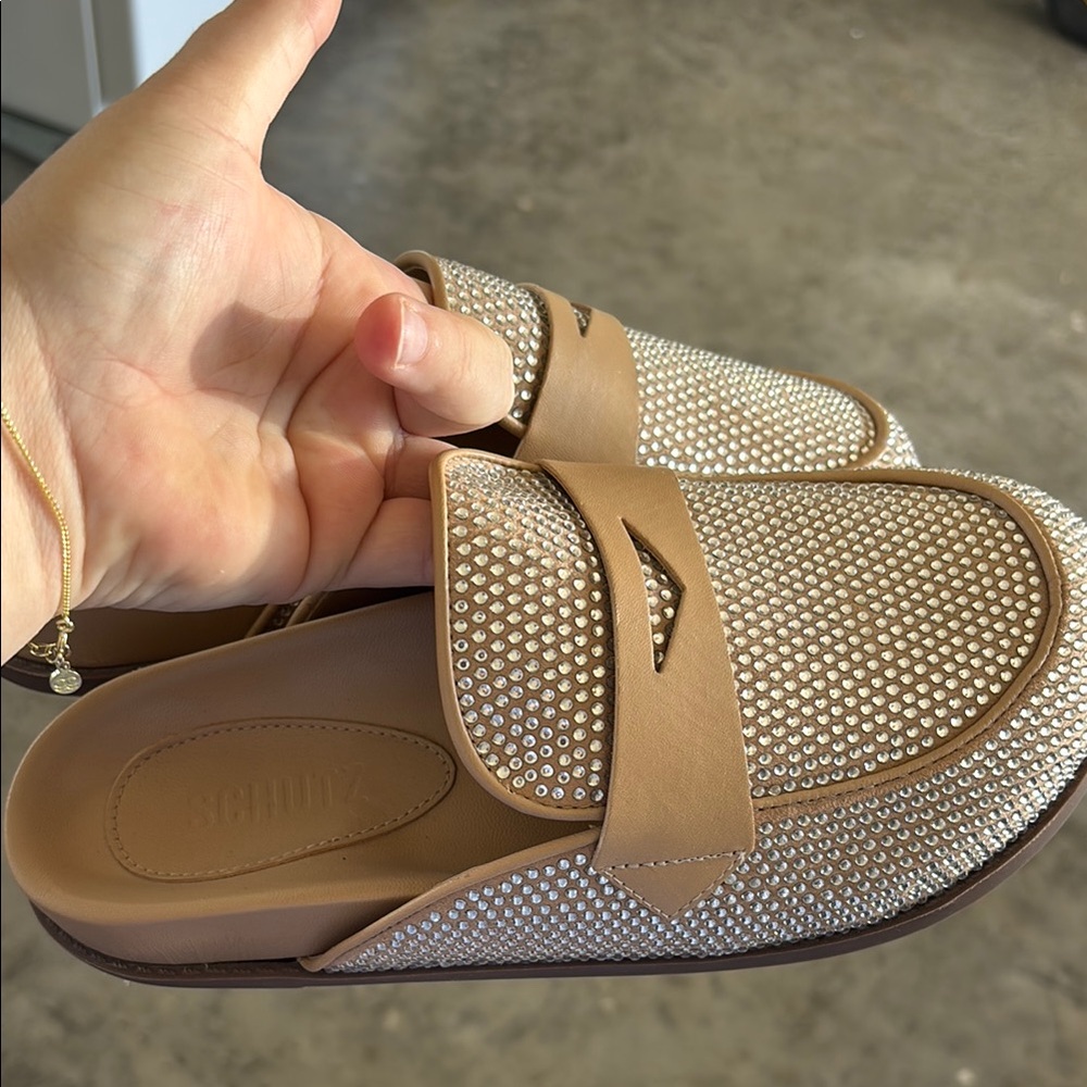 Tan and Silver Studded Loafers